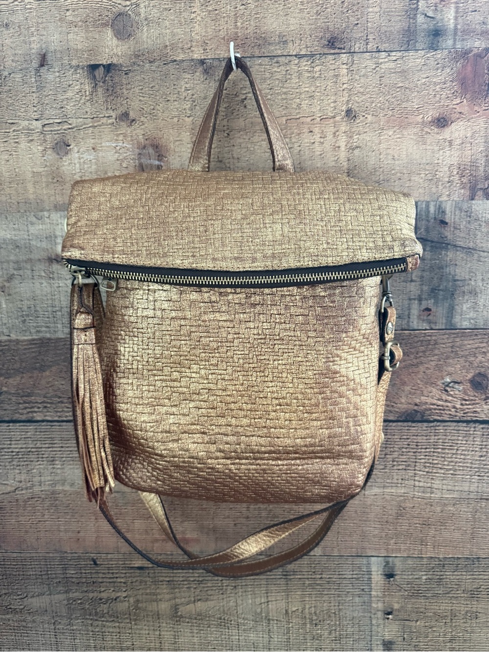 Patricia Nash Luzille Metallic Gold Convertible Textured Leather Backpack Bag